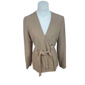 E M Beige Womens Belted Blazer Suit Jacket V-Neck Long Sleeve